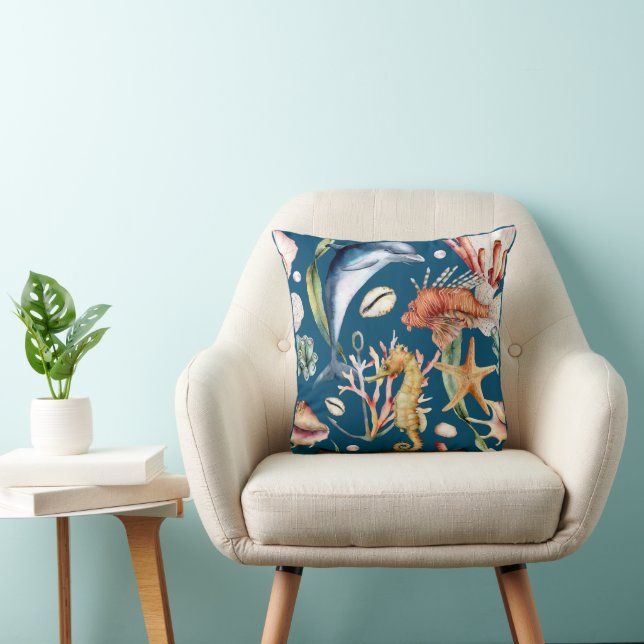 Nautical Aquatic Life Pattern / Blue  Throw Pillow (Chair)