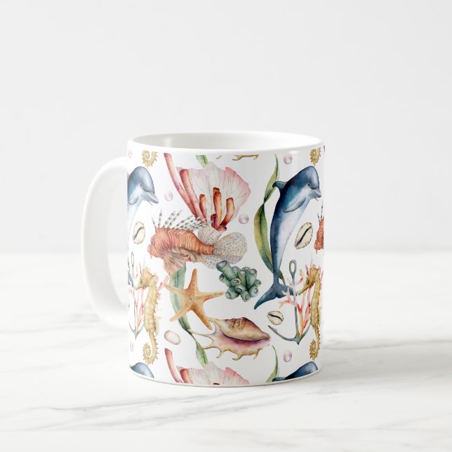 Nautical Aquatic Life Pattern Coffee Mug (Front Left)