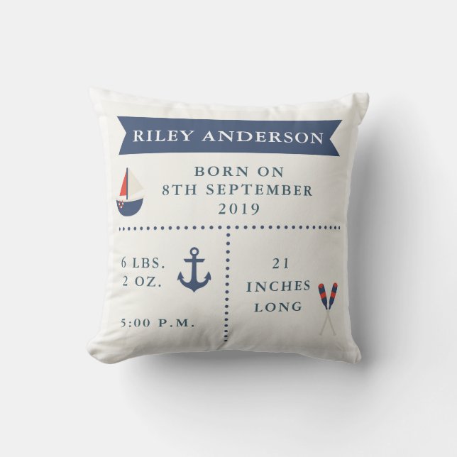 Nautical Baby Birth Announcement Pillow (Front)