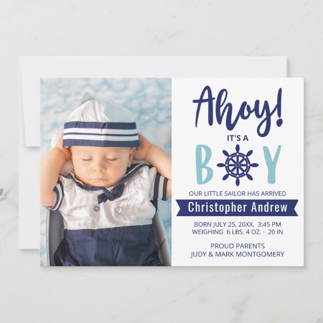 Nautical Baby Birth Photo Ahoy it's A Boy Blue Announcement (Front)