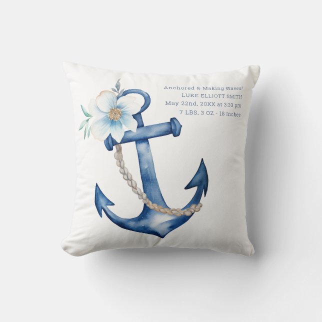 Nautical Baby Birth Stats Pillow | Blue Watercolor (Front)