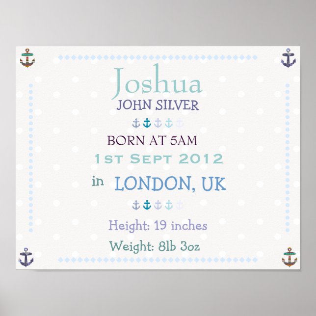 Nautical Baby boy personalized date of birth print (Front)