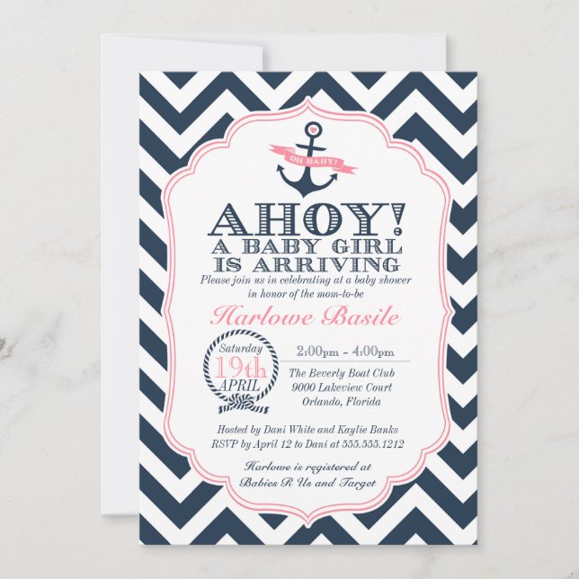 Nautical Baby Girl Shower Invitation chevron (Front)