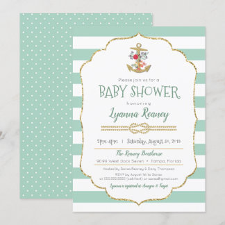 Nautical Baby Shower Floral Anchor Mint Green Invitation