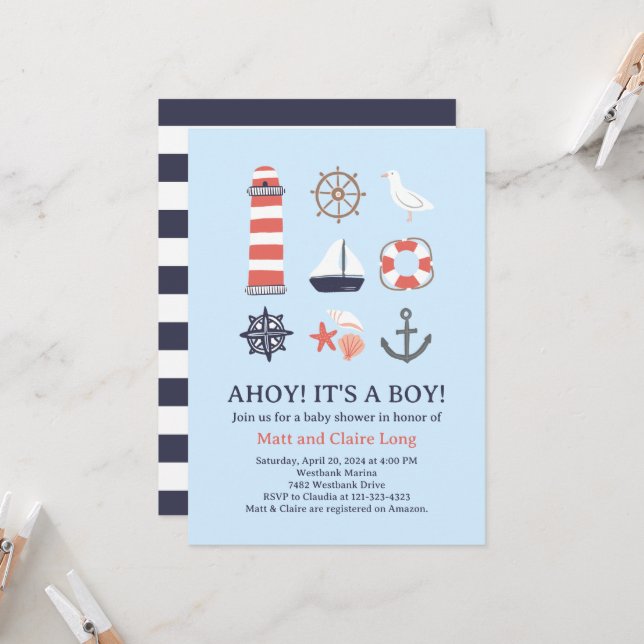 Nautical Baby Shower Invitation Ahoy It's a Boy (Front/Back In Situ)