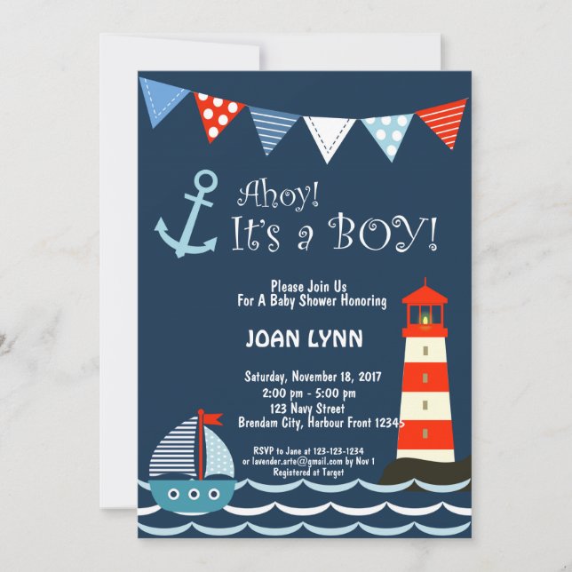 Nautical Baby Shower Invitation, Ahoy It's A Boy! Invitation (Front)