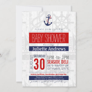 Nautical Baby Shower Invitation, Boy Blue Red Ahoy Invitation