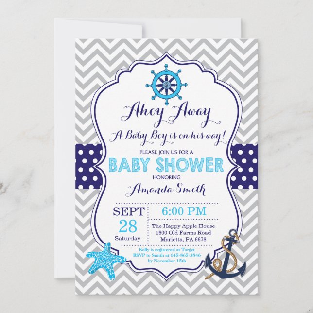 Nautical Baby Shower Invitation Navy Blue Grey (Front)