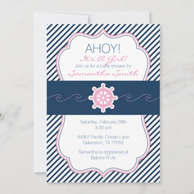 Nautical Baby Shower Invitation-Navy Blue & Pink Invitation (Front)