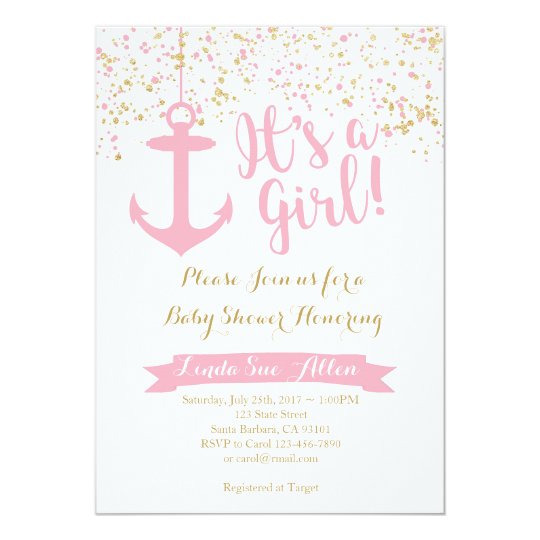 Nautical Baby Shower Invitation- Pink and Gold Card