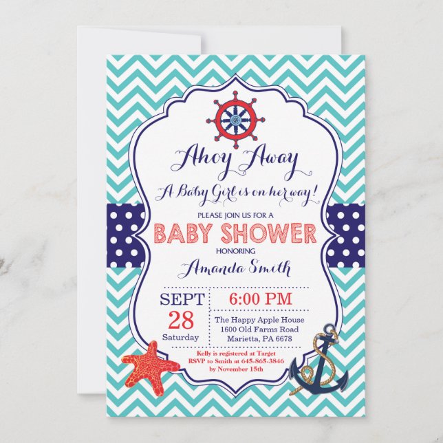 Nautical Baby Shower Invitation Teal Navy Blue Red (Front)