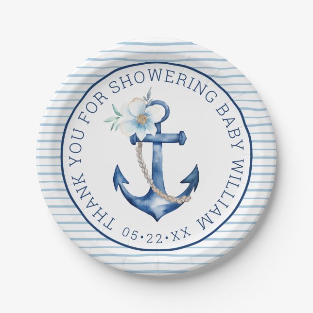 Nautical Baby Shower Paper Plates | Blue Anchor Th (Front)