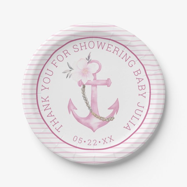 Nautical Baby Shower Paper Plates | Pink Anchor Th (Front)