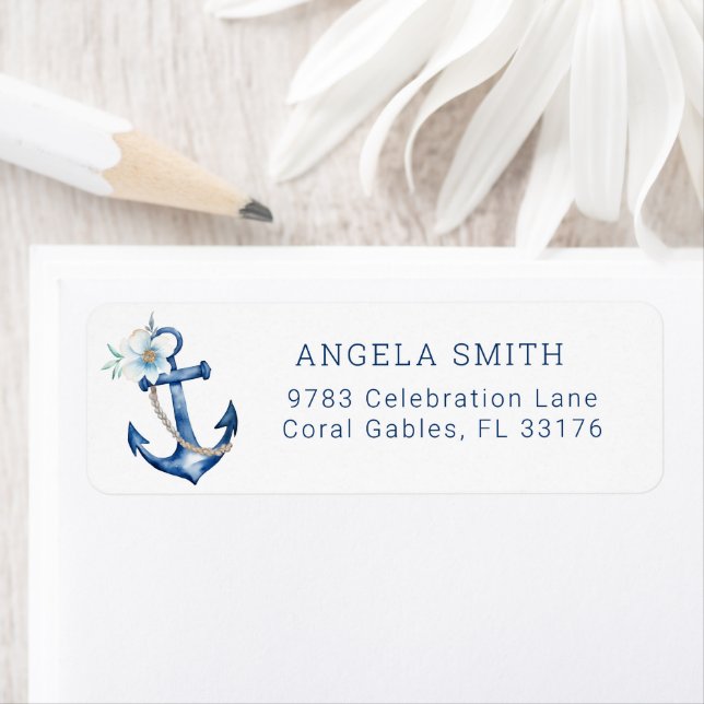 Nautical Baby Shower Return Address Label | Blue W (Insitu)