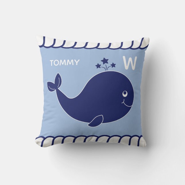Nautical Baby Whale Add Name and Monogram Blue Throw Pillow (Front)