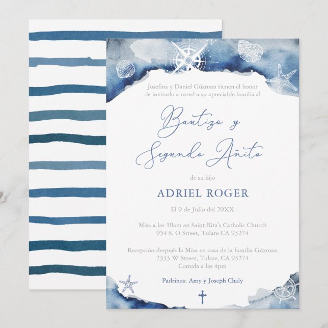 Nautical Baptism 2nd Birthday Party in Spanish Invitation (Front/Back)