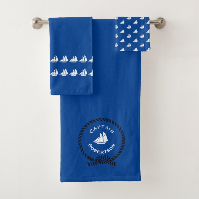 Nautical bath custom name Captain Sailboat Bath To Towel Set (Insitu)
