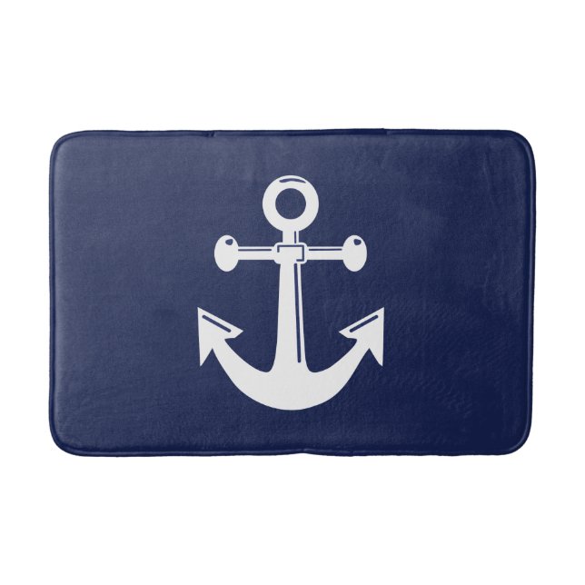 Nautical Bath Mat Navy Blue And White Anchor (Front)