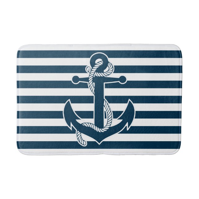 Nautical Bath Mat With Anchor And Stripes (Front)