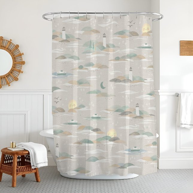 Nautical Bath Seattle Ferry Neutral Lighthouse (PNW-inspired shower curtain with ferries, evergreens & lighthouses in soft greige-green tones.)