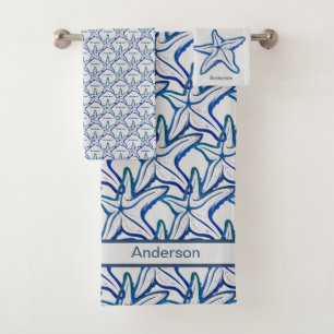  Nautical Bathroom Navy Blue Starfish pattern Bath Towel Set