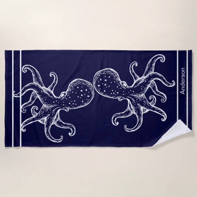  Nautical Bathroom Ocean Navy Blue Octopus Bath  Beach Towel (Front)