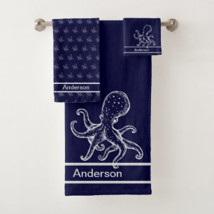  Nautical Bathroom Ocean Navy Blue Octopus Bath To Bath Towel Set