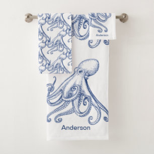  Nautical Bathroom Ocean Navy Blue Octopus Bath To Towel Set