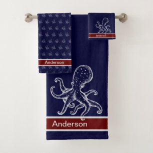 Nautical Bathroom Ocean Navy Blue Octopus Bath Towel Set