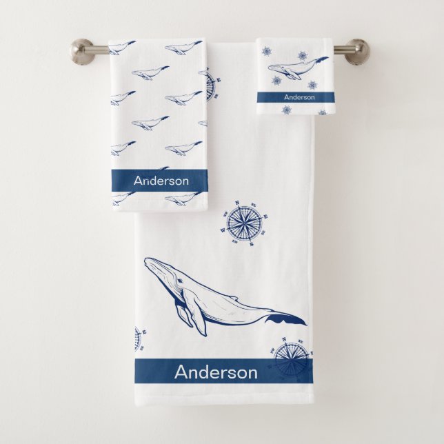  Nautical Bathroom Ocean Navy Blue  Whale  Bath Towel Set (Insitu)