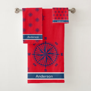  Nautical Bathroom Red White Navy Blue Compass  Bath Towel Set