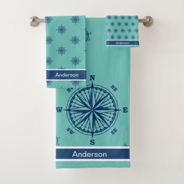  Nautical Bathroom Teal White Navy Blue Compass Bath Towel Set (Insitu)