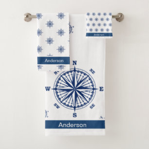  Nautical Bathroom White Navy Blue Compass  Bath T Bath Towel Set