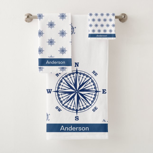  Nautical Bathroom White Navy Blue Compass  Bath T Bath Towel Set (Insitu)
