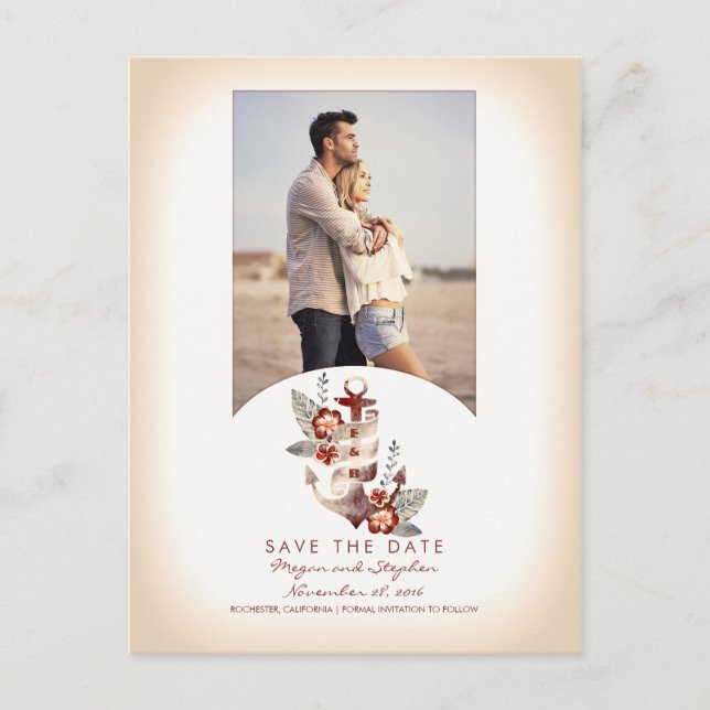 Nautical Beach Anchor Photo Save the Date Announcement Postcard (Front)