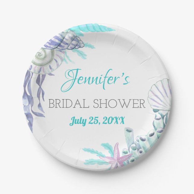 Nautical Beach Aqua Shell Bridal Shower Watercolor Paper Plate (Front)