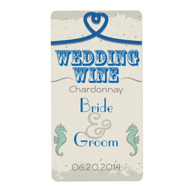Nautical Beach Blue Heart Knot Vin Mariage (Devant)