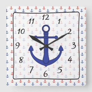 Nautical  Beach blue red Anchor Clock