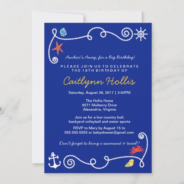Nautical Beach (choose colour) Birthday BBQ Invitation (Front)