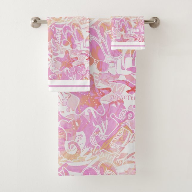 Nautical Beach Collage Hot Pink ID840 Bath Towel Set (Insitu)