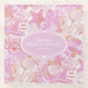 Nautical Beach Collage Hot Pink ID840 Glass Coaster