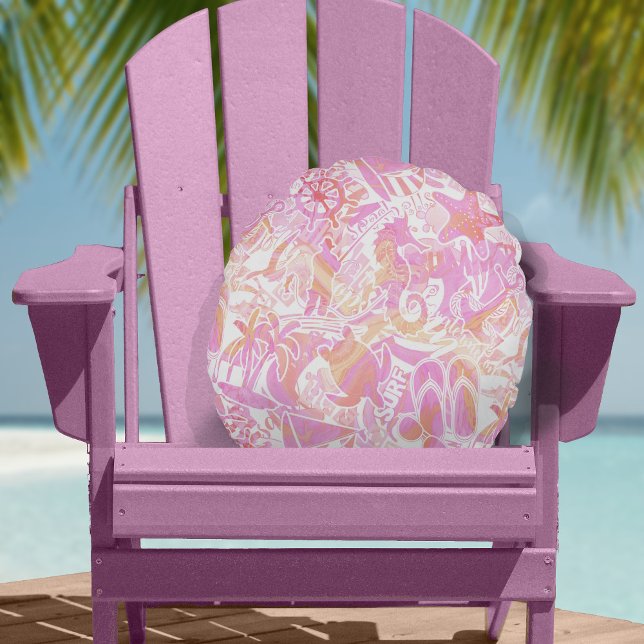 Nautical Beach Collage Hot Pink ID840 Round Pillow (Creator Uploaded)