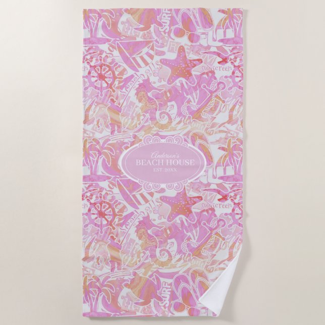 Nautical Beach Collage Hot Pink ID840 Towel (Front)