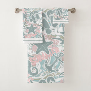 Nautical Beach Collage Sage ID840 Bath Towel Set