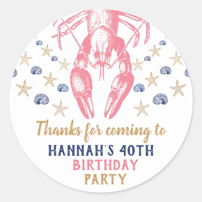 Nautical Beach Crayfish Birthday Thank You Coral Classic Round Sticker (Front)
