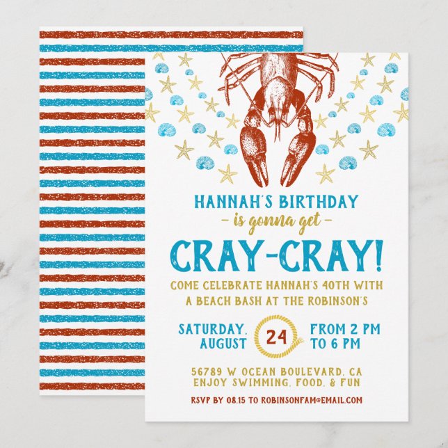 Nautical Beach Crayfish Shell Adult Birthday Party Invitation (Front/Back)