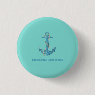 Nautical Beach House,Anchor,Rope,Mint Green 1 Inch Round Button