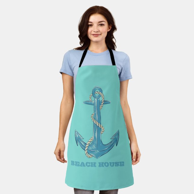 Nautical Beach House,Anchor,Rope,Mint Green   Apron (Worn)