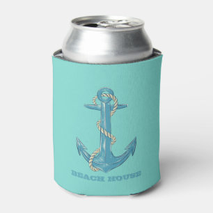 Nautical Beach House,Anchor,Rope,Mint Green Can Cooler