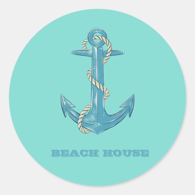 Nautical Beach House,Anchor,Rope,Mint Green Classic Round Sticker (Front)